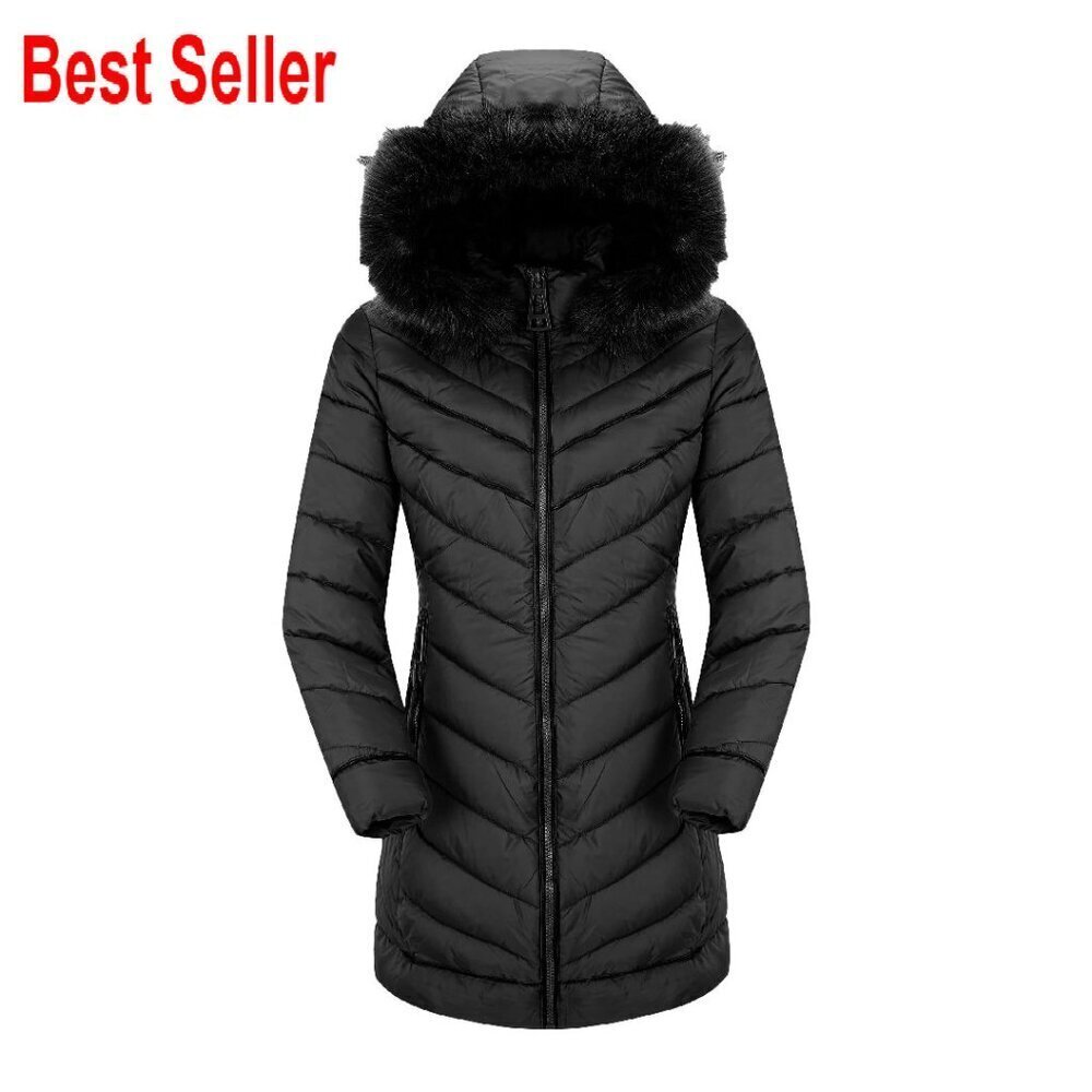 Women's Quilted Puffer Jacket Removable Hood Faux Fur Collar Winter Coat